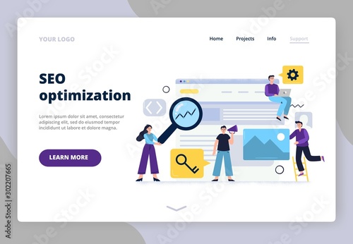 Website analysis and SEO optimization. Web developers team looking for to improve site visits and conversions rate. Flat illustration with people and many objects.