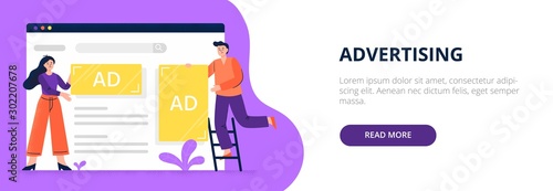 Web advertising concept. Web developers set display advertisements and banners to a site. Flat vector illustration. Good for banners, ads, landing pages or articles.