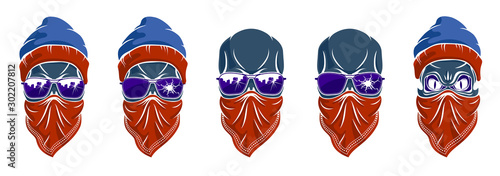 Gangster skull vector logos set, icons or tattoos, urban stylish aggressive criminal scull.