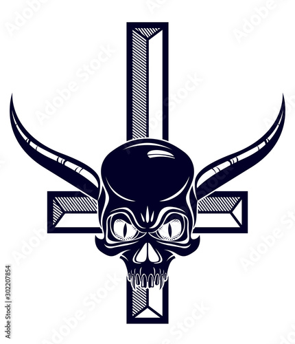 Satanic symbol with inverted skull dead aggressive head of Satan Devil Evil.