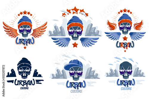 Urban culture style skull in sunglasses vector logos or emblems set, gangster or thug illustrations, anarchy chaos hooligan, ghetto theme.
