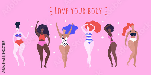 Group of women of different race and figure type in swimwear standing together. Body positive and beauty diversity. Female cartoon characters isolated. Love your body concept.