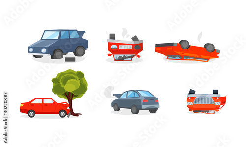 Car Crashes, Wrecked Vehicles And Insurance Cases On The Road Vector Illustration Set Isolated On White Background
