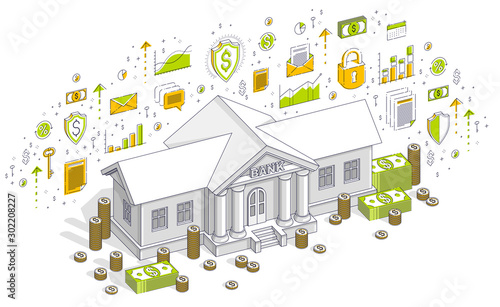 Old cartoon bank building with cash money dollar pile and cent stack cartoon isolated over white background. Isometric vector finance illustration with icons, stats charts and design elements.