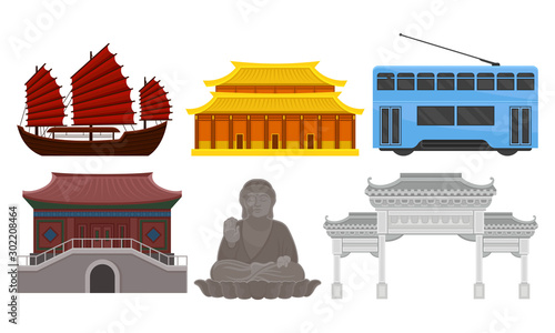 Urban Attributes Of Modern China And Symbols Of Ancient Cultural Heritage Vector Illustration Set Isolated On White Background