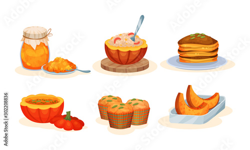 Delicious Seasonal Baked Or Boiled Pumpkin Dishes Vector Illustration Set Isolated On White Background