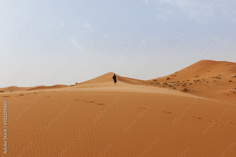 Beautiful desert dunes landscape in orange color, and man walking on the sand at sunset.