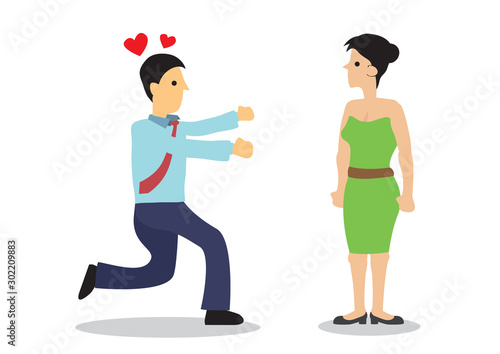 Man in suit chasing a beautiful woman. Concept of seduction or harassment.
