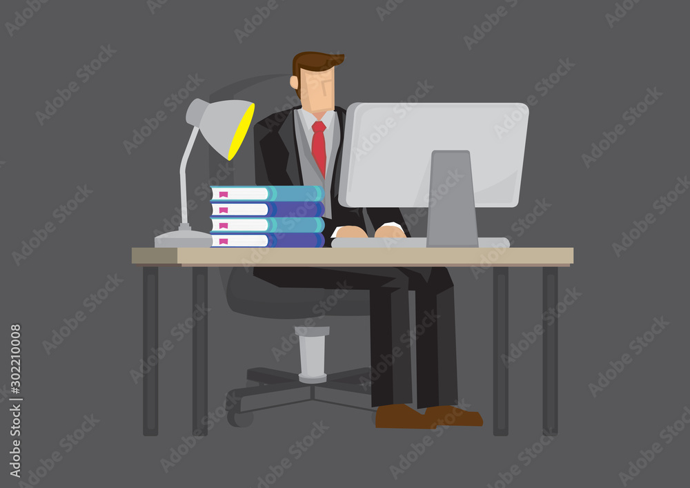 Business man in a suit working on a laptop computer at his office desk at night. Business man in a suit working on a laptop computer at his office desk at night.