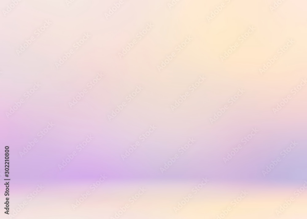 Pastel blank studio 3d background. Subtle abstract interior. Light lilac pink yellow gradient.
