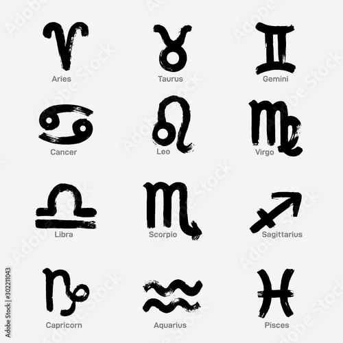 Aries, Taurus, Gemini, Cancer, Leo, Virgo, Libra, Scorpio, Sagittarius, Capricorn, Aquarius, Pisces zodiac sign. Hand painted design Leo horoscope sign, symbol, icon for your design. Hand drawn vector