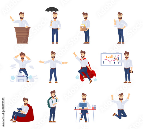 Businessman working cartoon vector character at differents situations. Businessman in workplace works in the office, make a presentation, experiences stress, speaks on the phone, rejoices at success