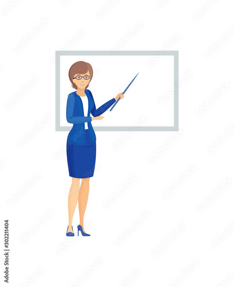 Teacher woman with pointer in classroom, businesswoman giving presentation, teacher explains material and points to board cartoon vector. Modern teaching and education system. Teacher woman with pointer in classroom, businesswoman giving presentation, teacher explains material and points to board cartoon vector. Modern teaching and education system.