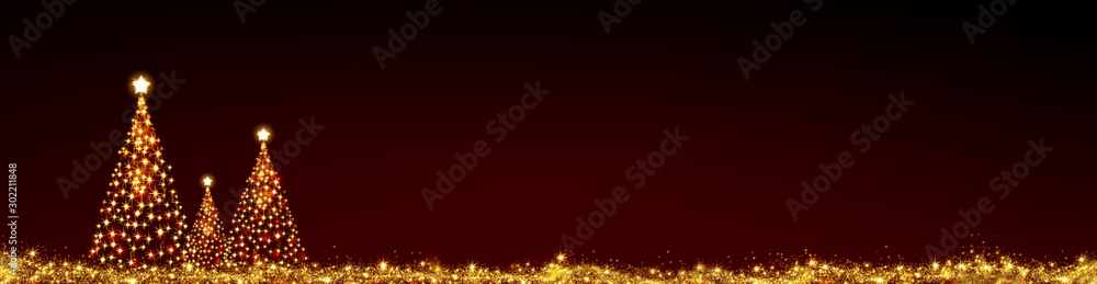 Three Christmas trees isolated on red sky background. - obrazy, fototapety, plakaty 