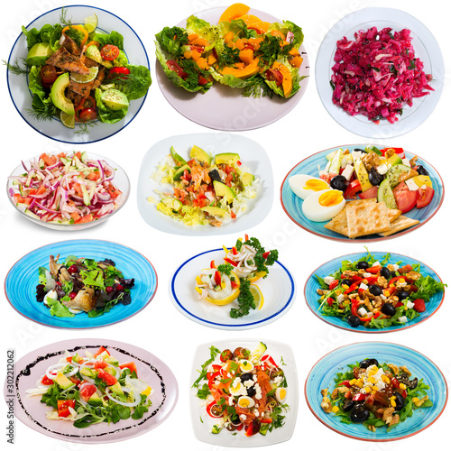 Set of various salads isolated