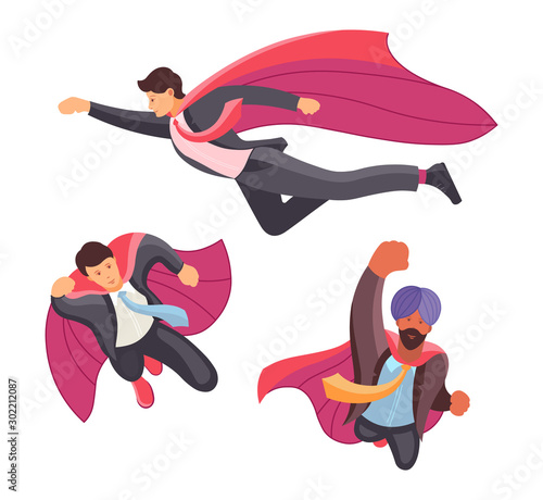 Flying business heroes. Set businessman and superwoman superhero actions running flight takeoff. Superhero actions with different poses cartoon vector illustration