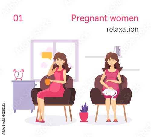 Pregnant woman relaxation. Pregnant lady is sitting in armchair with cat, talking with her friend, resting.