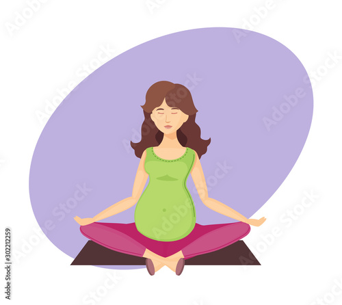Beautiful young pregnant woman sitting in lotus meditation.