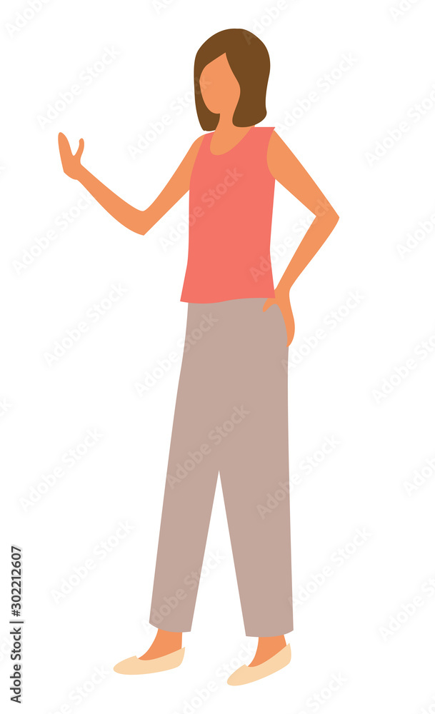 Woman in red sleeveless shirt and trousers side view. Vector cartoon female at marketplace, business lady pointing on something by hand while talking Woman in red sleeveless shirt and trousers side view. Vector cartoon female at marketplace, business lady pointing on something by hand while talking