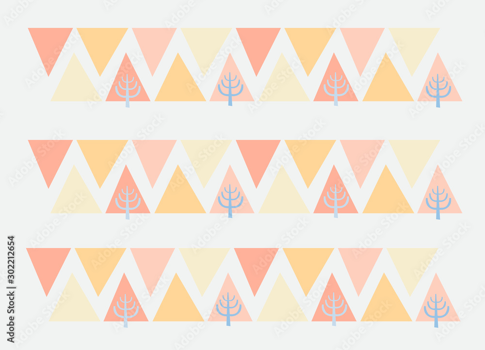 Pattern spruce and mountains. Scandinavian, Nordic style with orange and yellow triangles and autumn tree. Vector ornament for design, fabric, textile, wrapping paper, wallpaper Pattern spruce and mountains. Scandinavian, Nordic style with orange and yellow triangles and autumn tree. Vector ornament for design, fabric, textile, wrapping paper, wallpaper