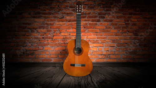 Guitar in a dark room with brick walls, wooden floor. Smoke, abstract light. Dark empty scene with a musical instrument.