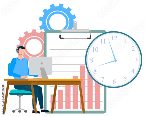 Man working in office vector, worker wearing headphones looking at monitor of computer. Cogwheels and time clock, clipboard with raising charts info