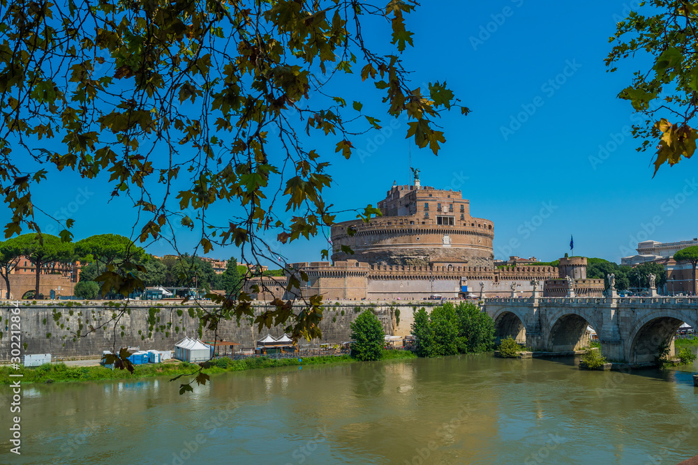 Sant'Angelo Castle  framed by the tree in Rome, Italy