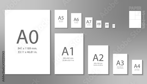 Paper sizes A0 to A10 format isolated on grey background. photo
