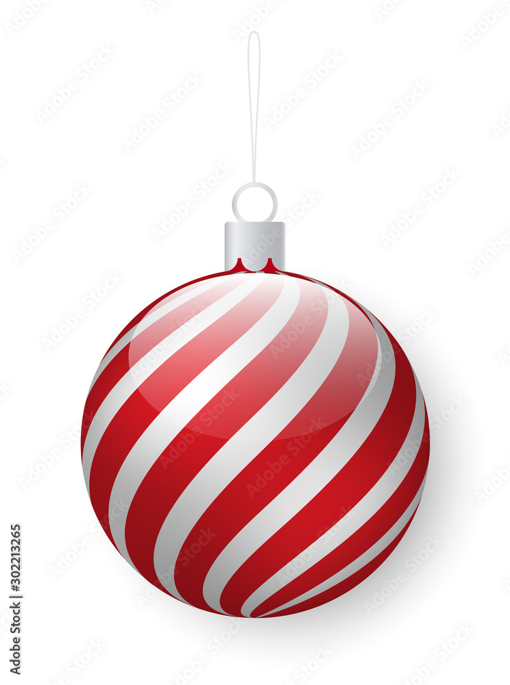 Bauble decoration on New Year Christmas tree vector. Ball with stripes ornament, seasonal decor on winter holidays and occasions. Isolated toy made of colored glass, flat style illustration Bauble decoration on New Year Christmas tree vector. Ball with stripes ornament, seasonal decor on winter holidays and occasions. Isolated toy made of colored glass, flat style illustration