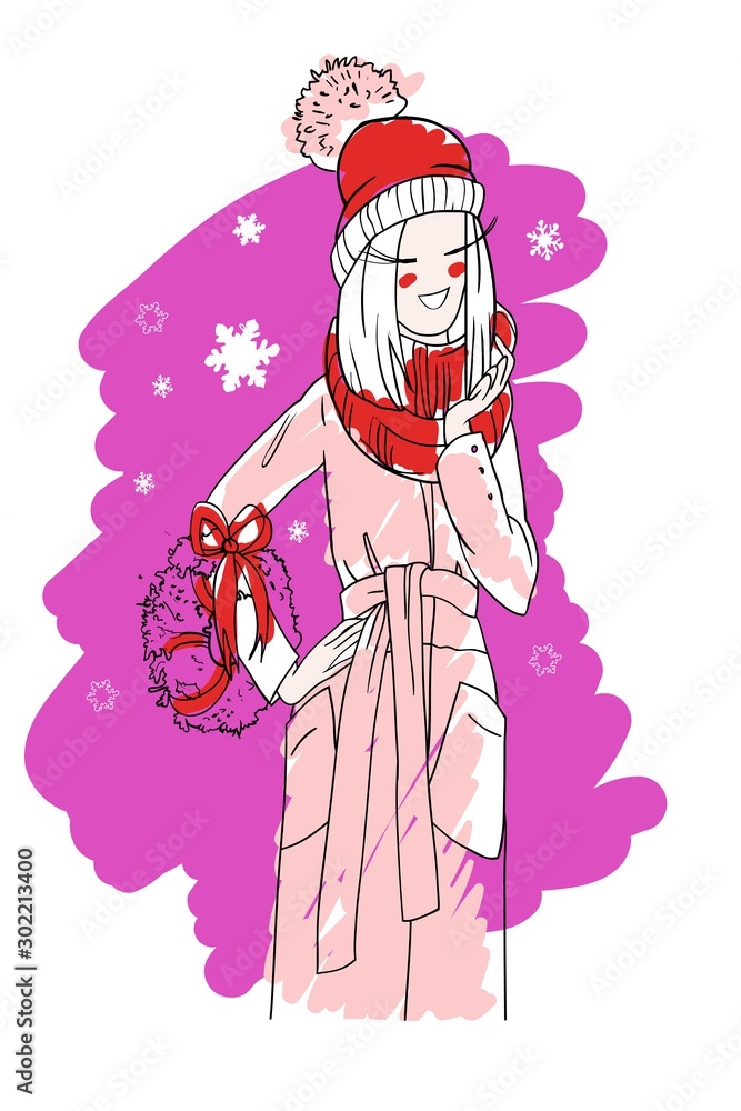 Fototapeta Young beautiful smiling girl model, in a coat, with a Christmas wreath in hand, on a bright pink background with snowflakes, Christmas fashion illustration, for congratulations, in vector