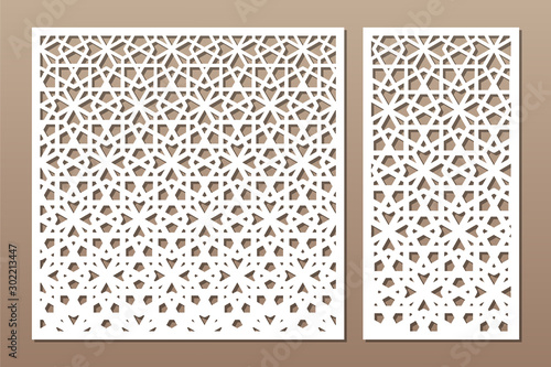 Set decorative card for cutting. Geometric arabic mosaic pattern. Laser cut. Ratio 1:1, 1:2. Vector illustration.