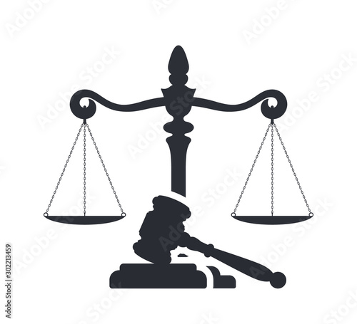 Law and justice concept. Gavel of the judge and scales of justice. Vector silhouette. Libra and gavel. Legal center or law advocate symbol.