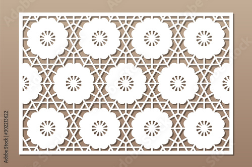 Decorative card for cutting. Geometric linear flower pattern. Laser cut. Ratio 2:3. Vector illustration.