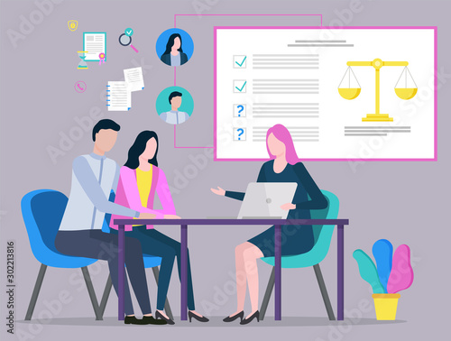 Lawyer discussing with clients, judge consultation, legal advice, plan of strategy. People communication with laptop, legislation and paperwork vector