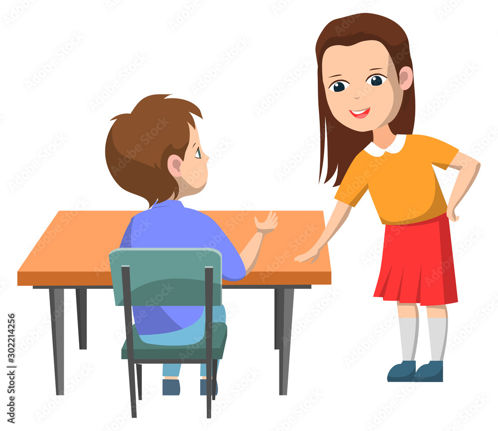 Students vector, isolated boy and girl talking on break. Female character wearing uniform skirt socks, male sitting by desk answering question, back to school concept. Flat cartoon Students vector, isolated boy and girl talking on break. Female character wearing uniform skirt socks, male sitting by desk answering question, back to school concept. Flat cartoon