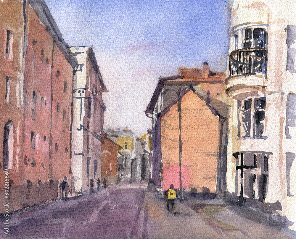 City landscape.  A sketch with watercolor.