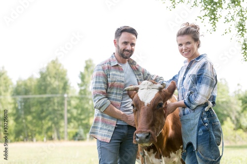 Husband and wife petting their cow in field