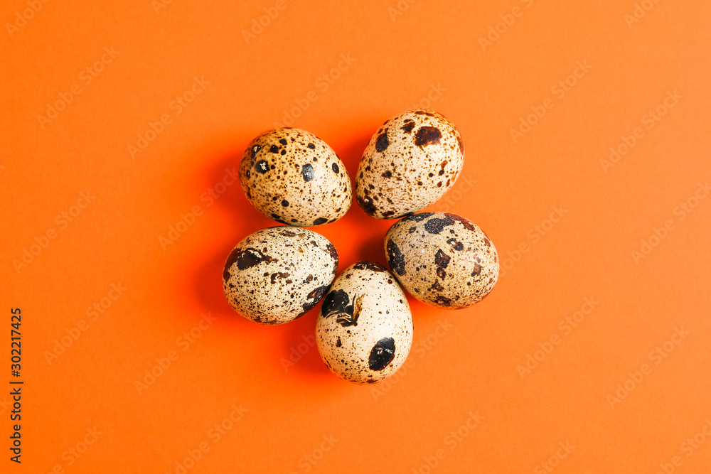 Obraz premium Quail eggs on color background, space for text