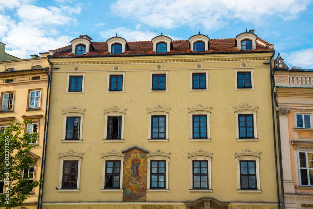 Krakow, Poland: Beautiful buildings in the historical center of Krakow, Market Square, Rynek Glowny Krakow, Poland: Beautiful buildings in the historical center of Krakow, Market Square, Rynek Glowny