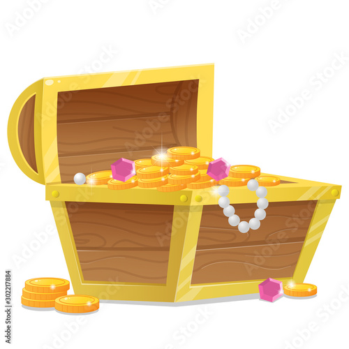 Color image of cartoon treasure chest on a white background. Pirate coffer with gold and jewels. Decorative element for pirate party for kids. Vector illustration.