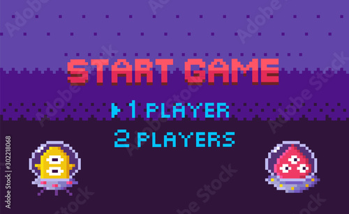 Galaxy pixel game vector, aliens wearing uniforms for protection. Start game question players choice, enemy fight arcade monsters with scary faces