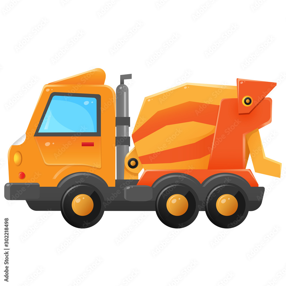 Naklejka premium Color image of concrete mixer on a white background. Cartoon cement mixer. Building. Work transport. Vector illustration of vehicle for kids.