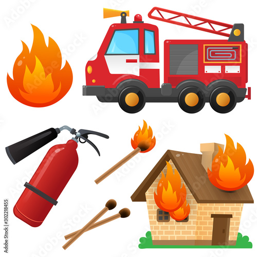 Color image of fire truck on a white background. Fire, flame, extinguisher. House in fire. Matches. Cartoon fire engine. Vehicle, transport for kids. Vector illustration set.