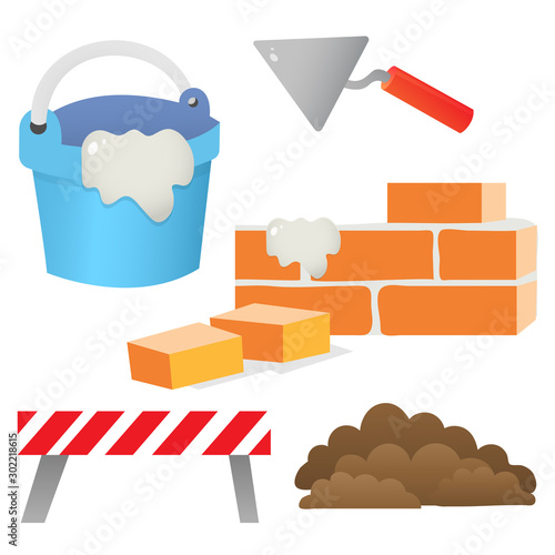 Color image of building tools on a white background. Cement with shpatel. Brick wall. Brick and sand. Construction. Profession: builder. Vector illustration set for kids.
