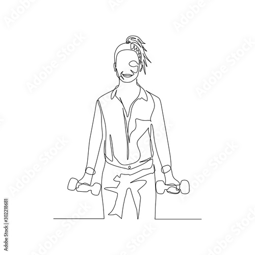 Continuous one line woman with ponytail in shirt lifts dumbbells and smiles. Vector