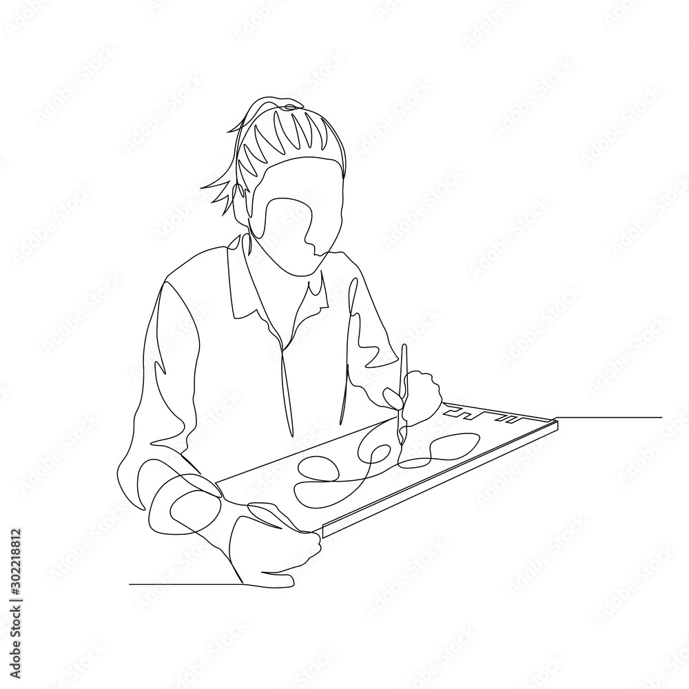 Continuous one line woman in shirt drawing with help graphic tablet. Digital artist. Vector