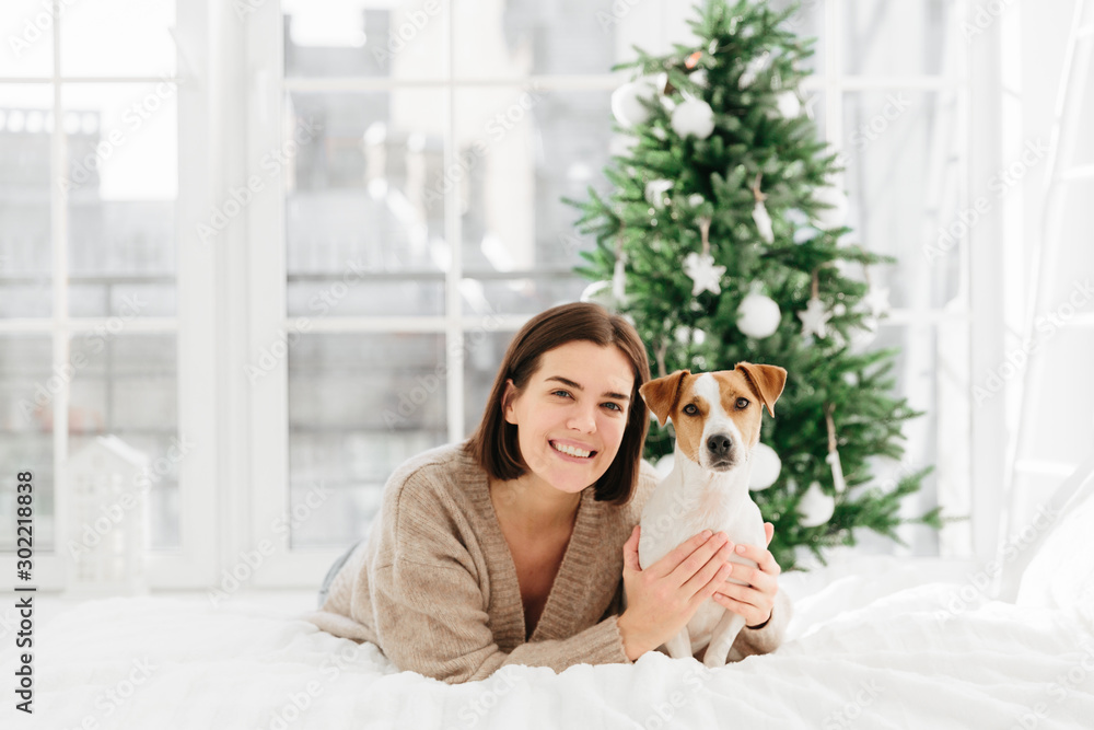 Love and care to pet. Pretty adult woman with short hairstyle, toothy smile, embraces her favourite dog, dressed in warm clothing, lie on comfortable bed against Christmas tree. Winter time.
