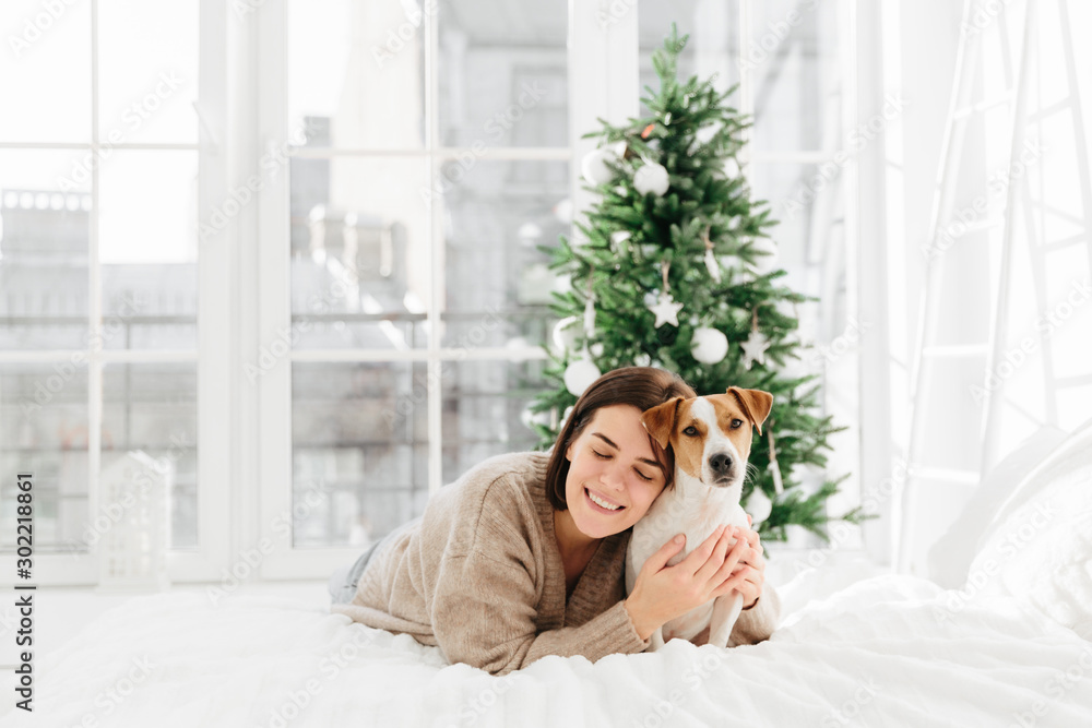 Merry lovely woman with cute dog, embraces pet and expresses love, dressed in winter sweater, pose together at comfortable bed in white spacious room, decorated firtree behind for festive mood Merry lovely woman with cute dog, embraces pet and expresses love, dressed in winter sweater, pose together at comfortable bed in white spacious room, decorated firtree behind for festive mood