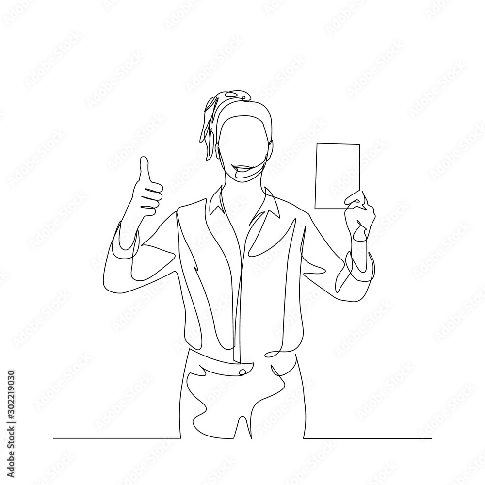 Continuous one line woman show thumb, smile and hold passport in other hand. Migration theme. Vector Continuous one line woman show thumb, smile and hold passport in other hand. Migration theme. Vector