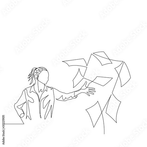 Continuous one line woman throw documents into the air in front of her. Woman is tired of everything and that s enough. Vector